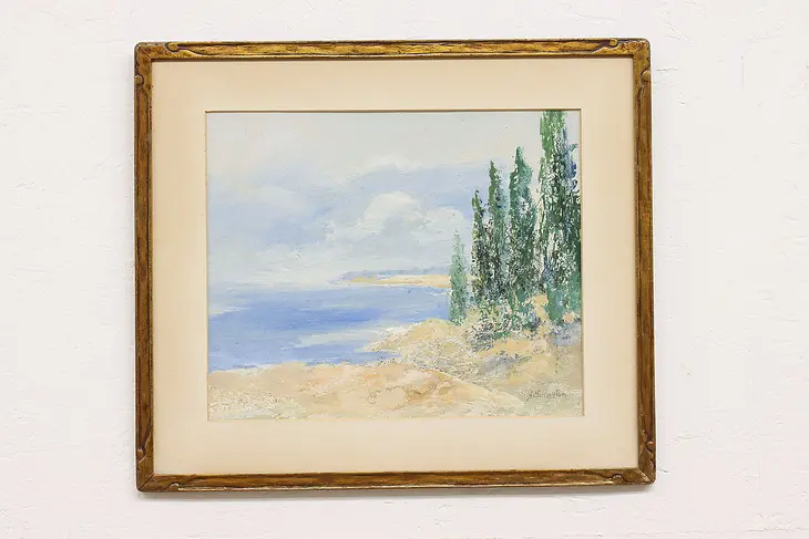 Lakeshore with Forest & Sky Antique Original Painting, Hetherington 23" #42753