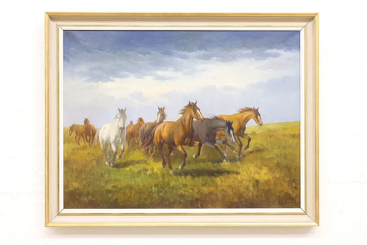 Wild Mustang Horses Running Vintage Original Oil Painting, Signed 36.5" #43440