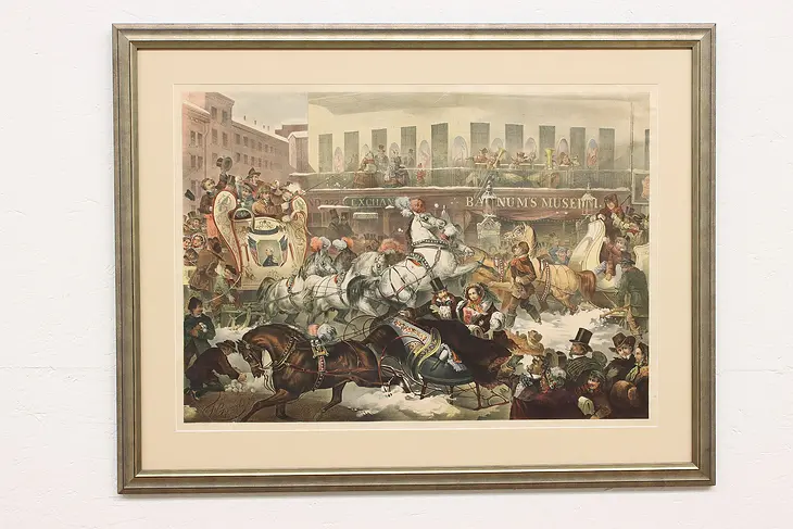 Sleighing at Barnum in New York Antique Lithograph, Benecke 39.5" #41649