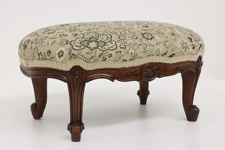 Victorian Antique Carved French Walnut Oval Footstool, New Upholstery #43129