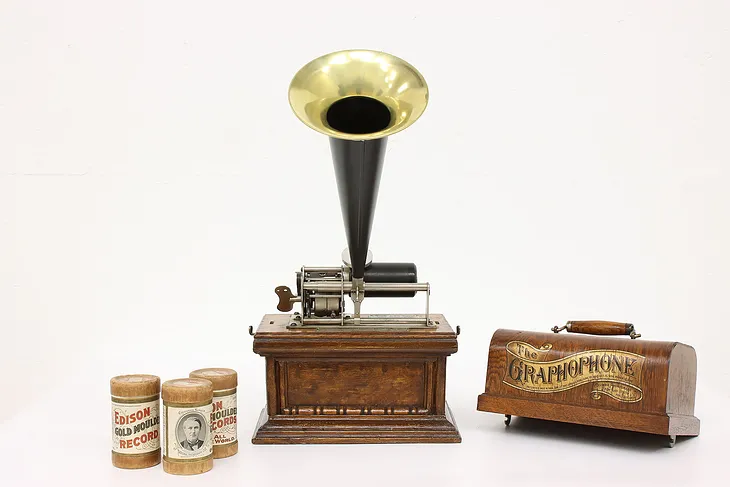 Graphophone Antique Cylinder Phonograph, Brass Horn, Records #42571