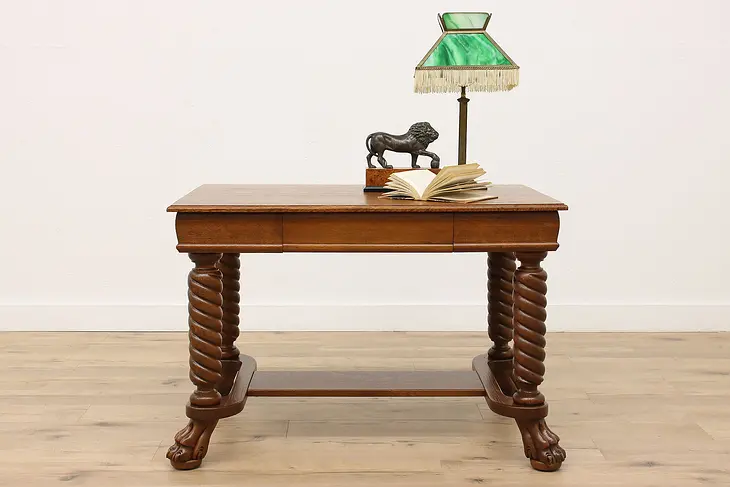 Victorian Antique Oak Library Table or Office Desk, Carved Lion Feet #38958