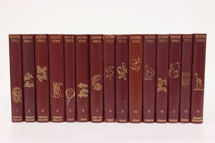 Set of 15 Leatherbound & Gold Tooled Danish Animal Encyclopedia Books #43520