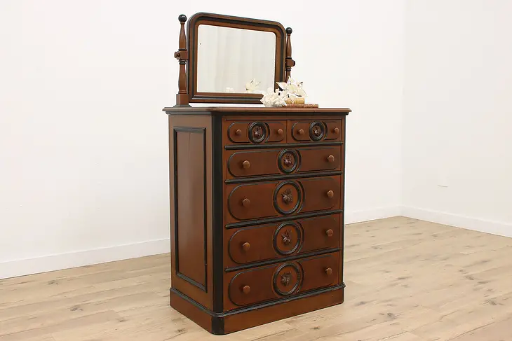 Victorian Carved Walnut Antique Highboy Dresser or Chest with Mirror #34237