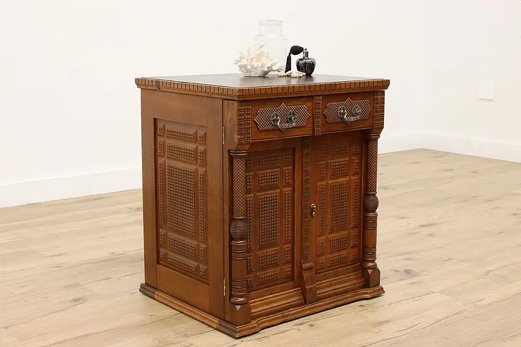 Victorian Antique Folk Art Oak Sewing or Bathroom Cabinet or Cupboard #43264