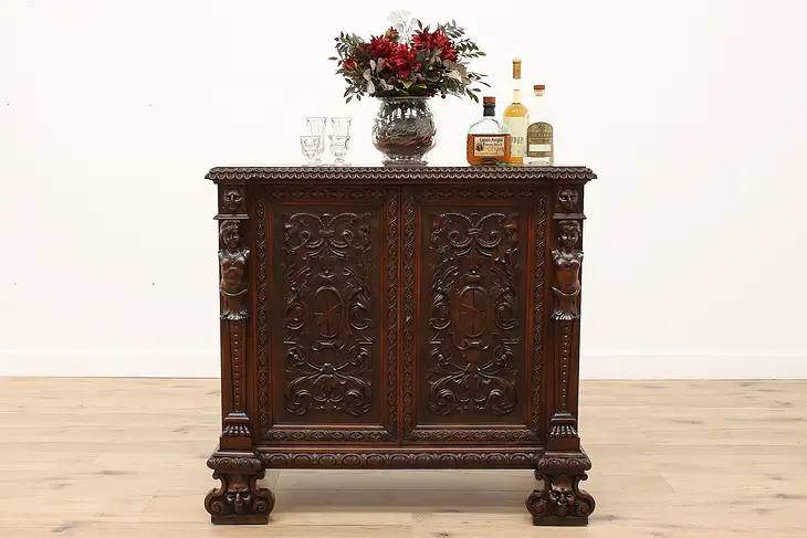 Renaissance Antique Italian Sideboard, Bar, Hall Console, Carved Figures #39522