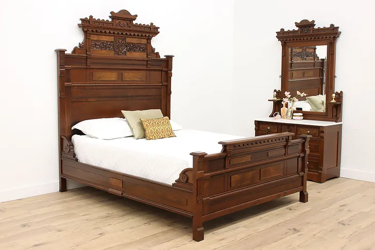 Victorian Eastlake Antique Walnut 2 Pc Bedroom Set Queen Size Bed, Marble #43260