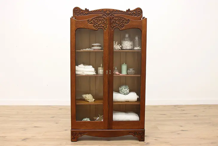 Victorian Carved Oak Antique Bookcase, China Display or Bathroom Cabinet #43541
