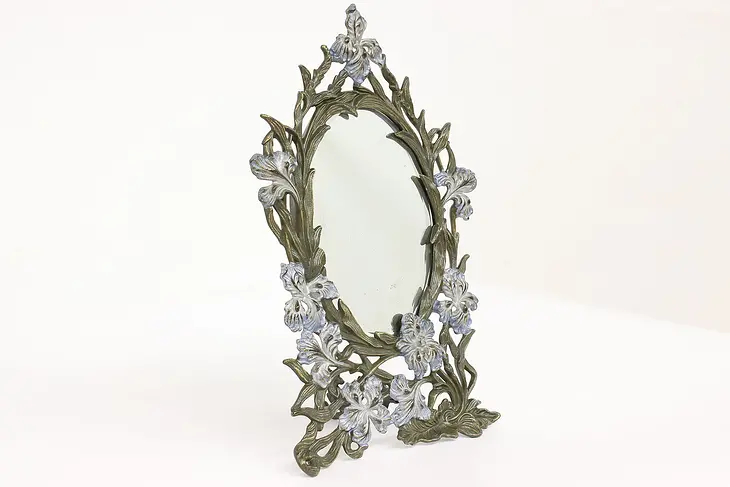 Art Nouveau Antique Cast Iron & Painted Floral Tabletop Mirror #43492
