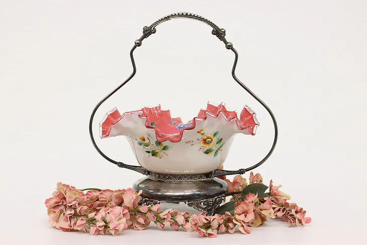 Victorian Antique Silverplate & Cranberry Glass Bride Basket, Rockford #43532