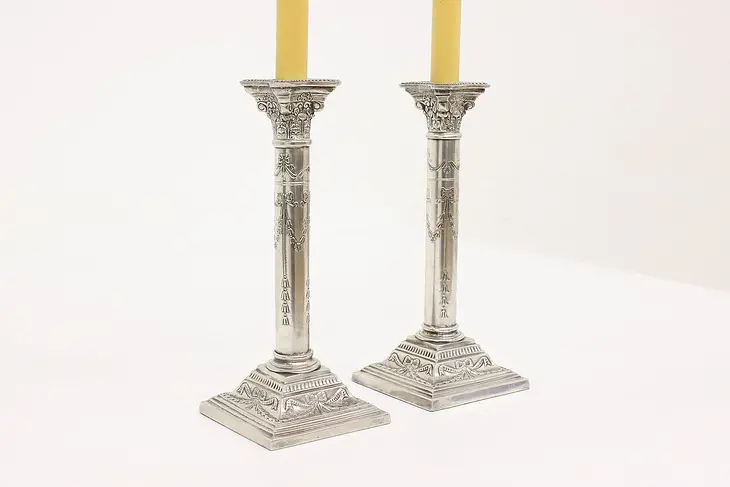Classical Pair of Antique English Silverplate Ionic Column Candlesticks #43509