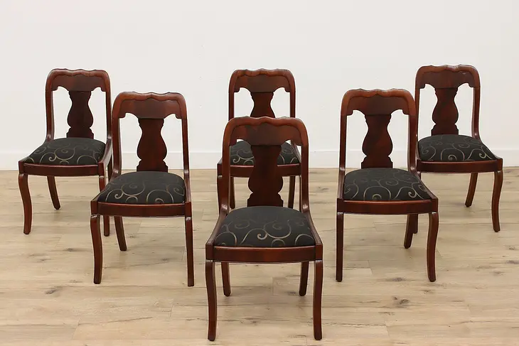 Set of 6 Antique Empire 1825 Carved Flame Mahogany Dining Chairs #43531