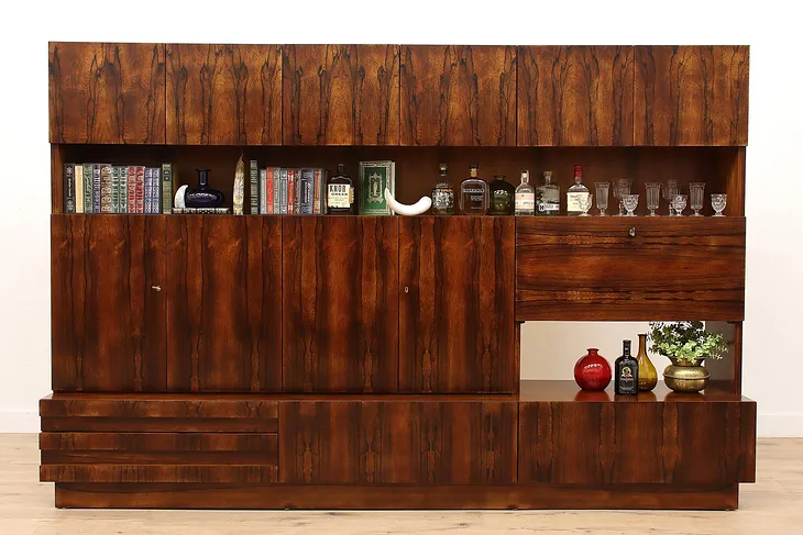 Midcentury Modern Vintage Rosewood Wall Unit, Bar Cabinet, Bookcase #43432