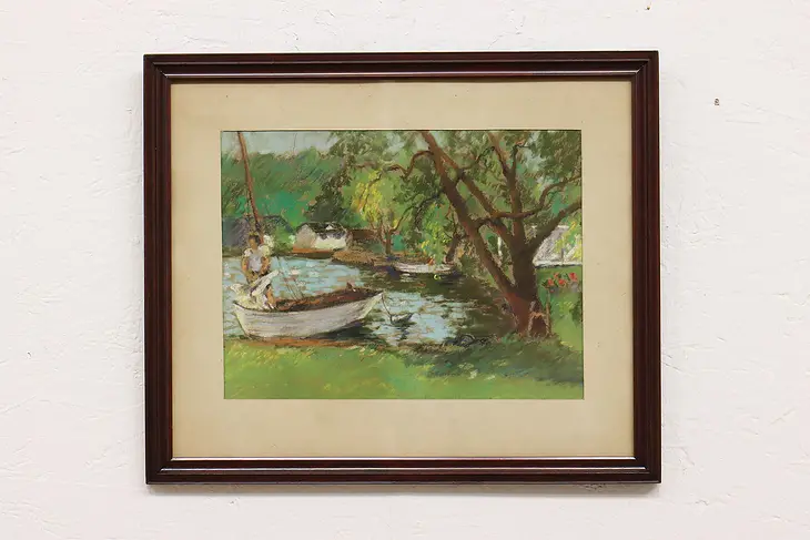Sailboat on Lake Original Vintage Original Oil Pastel Painting 19" #42090