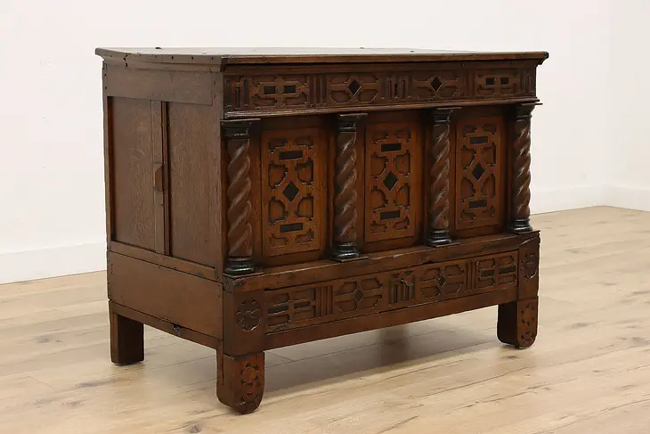 English Tudor  Antique 1700s Carved Oak Dowry or Blanket Chest or Trunk #43549