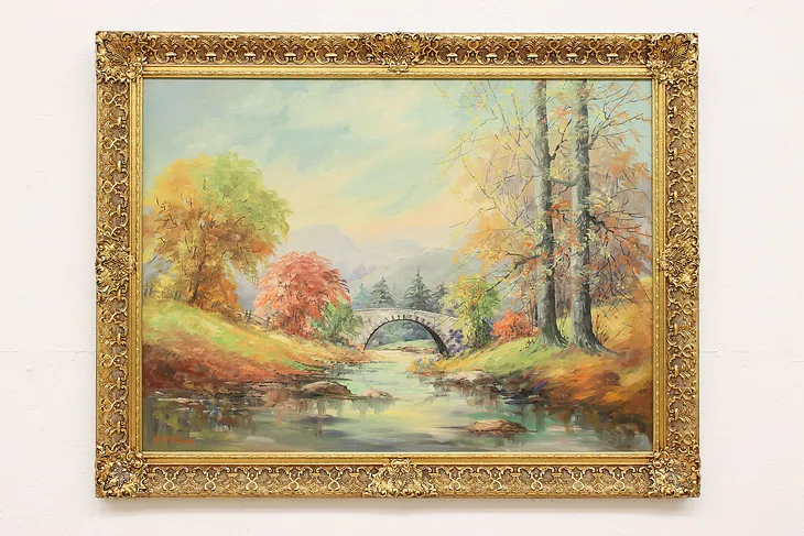 Autumn Forest & Stone Bridge Vintage Original Oil Painting Melville 44.5" #43069
