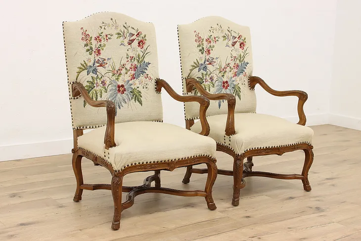 Pair of Country French Vintage Large Chairs, Needlepoint Upholstery  #43561