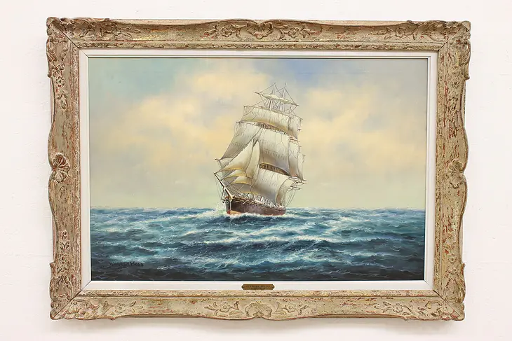 Outward Bound Sailing Ship Vintage Original Oil Painting, Webb 43.5" #43066