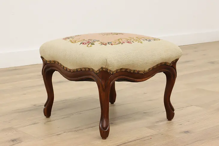 Victorian Carved Walnut Needlepoint & Petit Point Footstool or Bench #43493