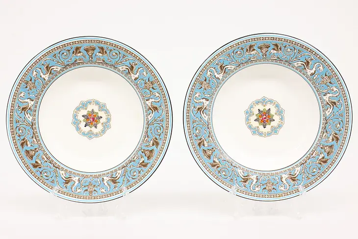 Pair of Turquoise Florentine China Vintage 8" Dinner Bowls #43719