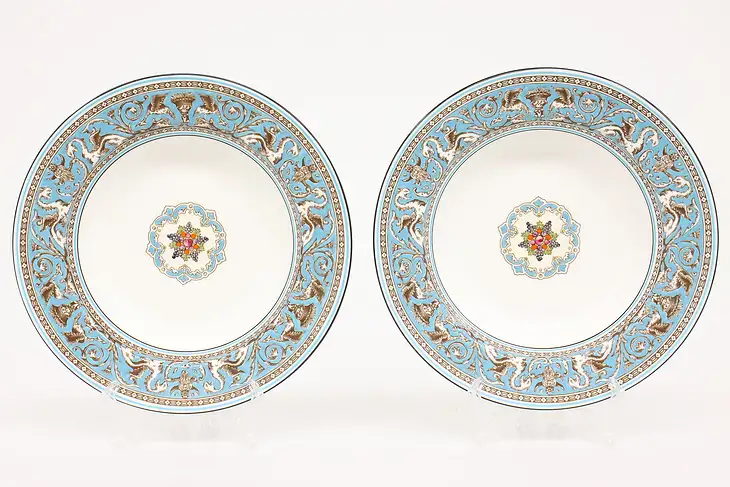 Pair of Turquoise Florentine China Vintage 8" Dinner Bowls #43719