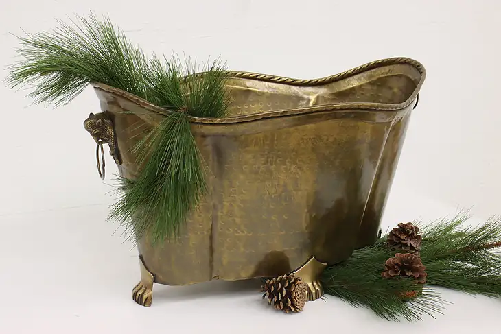 Farmhouse Vintage Hammered Brass Planter or Fireplace Kindling Holder #43445