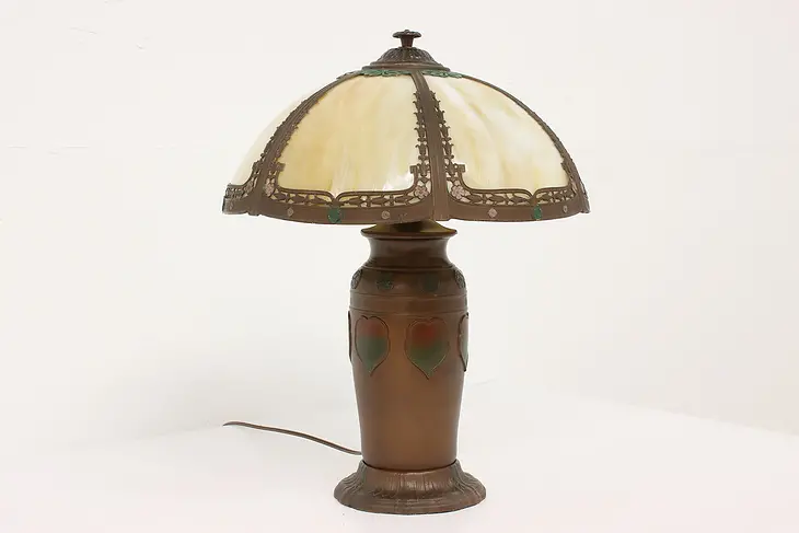 Arts & Crafts Antique Stained Glass Shade Office or Library Lamp, Rainaud #41747
