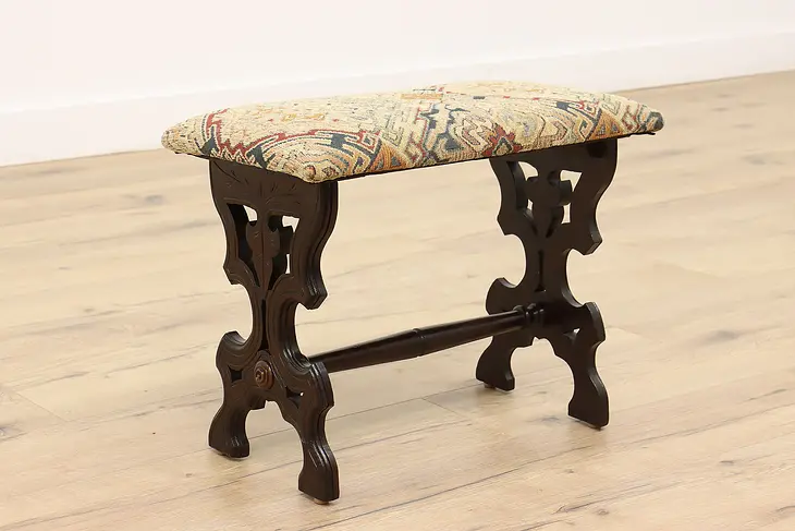 Victorian Antique Hand Carved Walnut Bench or Stool, New Upholstery #43697
