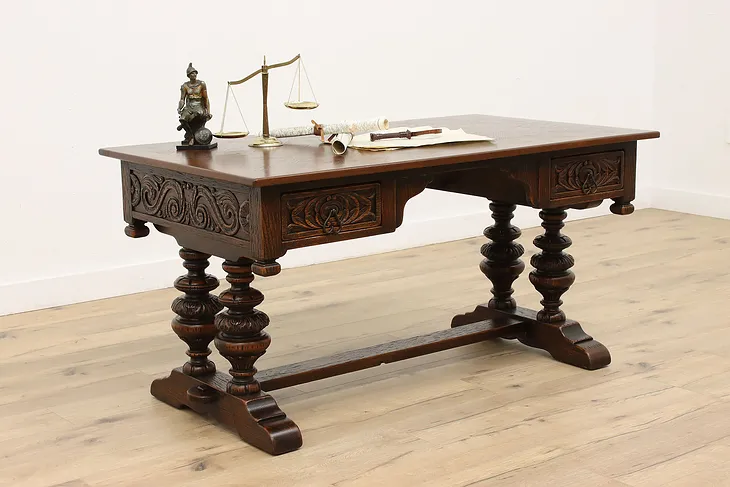 Spanish Colonial Carved Oak Antique Library Table or Office Desk #43648