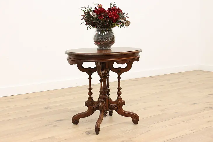Victorian Eastlake Antique Carved Walnut Oval Parlor, Hall, Entry Table #43661