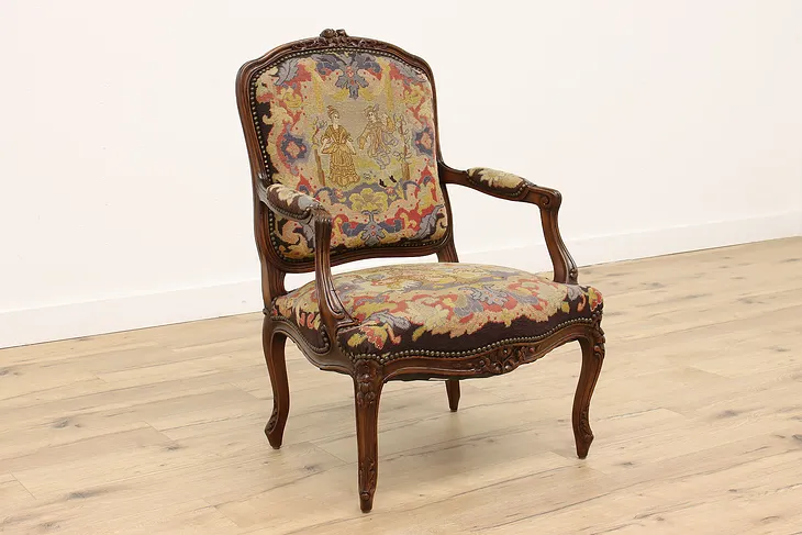 Country French Antique Carved Birch Chair, Tapestry Needlepoint #43072