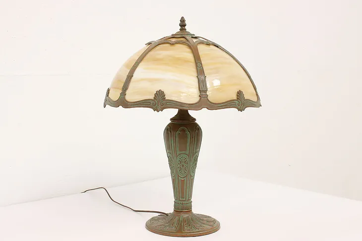 Craftsman Antique 6 Panel Stained Glass Shade Office or Library Lamp #42382