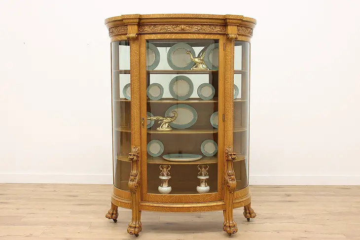 Victorian Oak Antique Curved Glass China, Curio Display Cabinet, Lions #43659