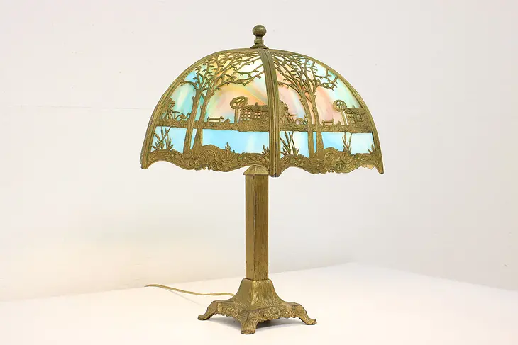 Stained Glass Curved 6 Panel Farm Scene Shade Antique Lamp #41255