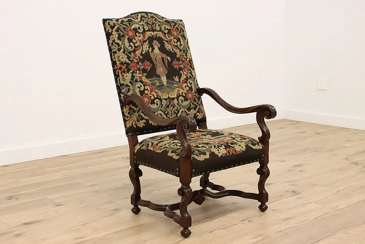 Jacobean Design Antique Carved Walnut Needlepoint Tapestry Chair #43073