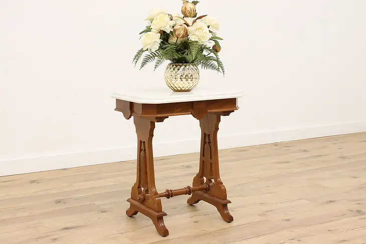 Victorian Eastlake Antique Carved Walnut Marble Top Lamp or Parlor Table #43699