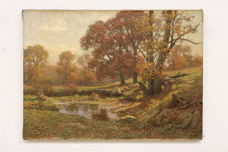 Autumn River Landscape Antique Original Oil Painting, Fitler 28.5" #42899