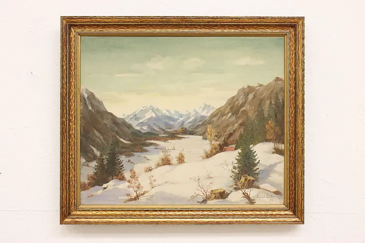 Snowy Mountain Valley Vintage Original Oil Painting, Bocher 27.5" #42585