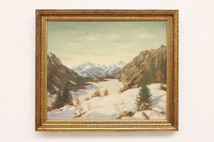 Snowy Mountain Valley Vintage Original Oil Painting, Bocher 27.5" #42585