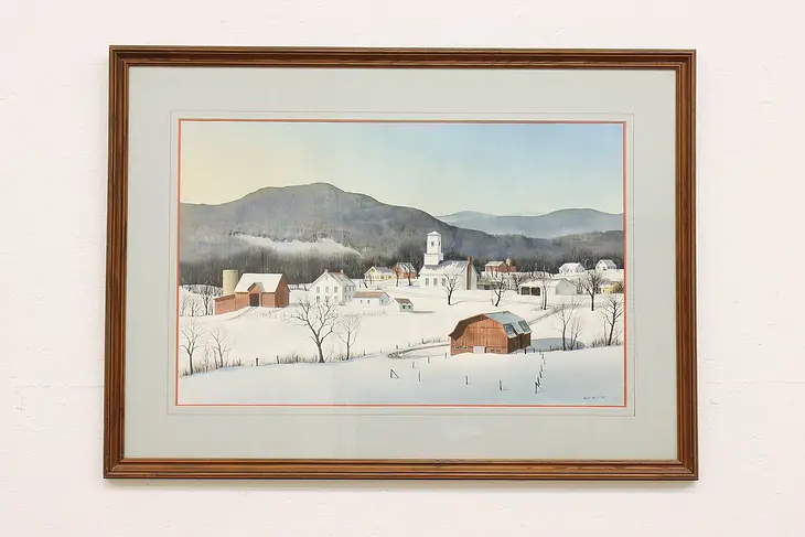 Village in Winter Vintage Original Watercolor Painting, Hartley 43" #42929