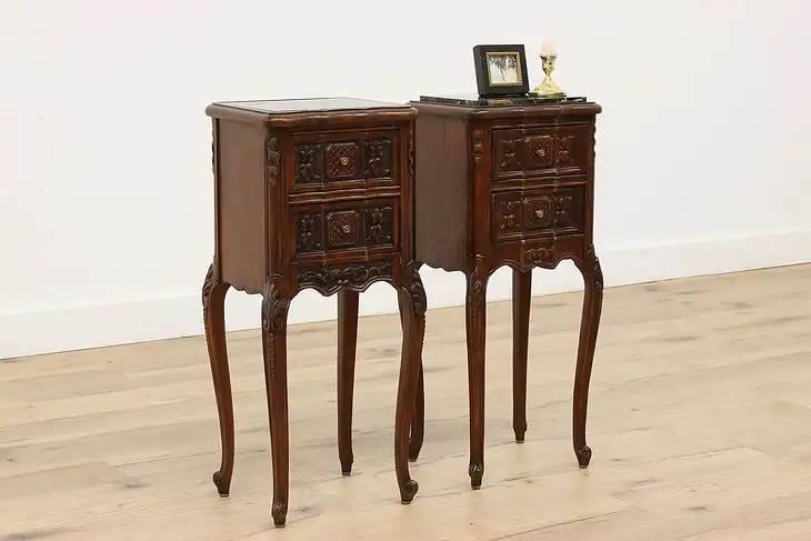 Pair of French Design Vintage Walnut Nightstands, End Tables, Marble Tops #43511