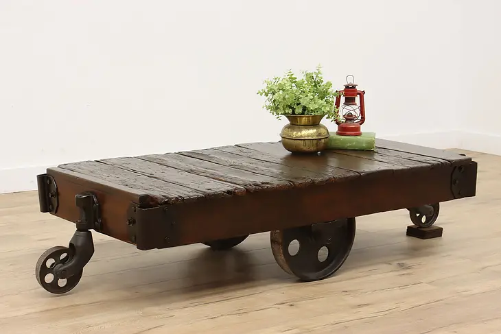 Industrial Farmhouse Factory Salvage Antique Railroad Cart, Coffee Table #43258