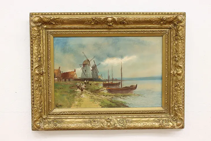 Dutch Windmills & Village Antique Original Oil Painting, Van Allen 33.5" #42587
