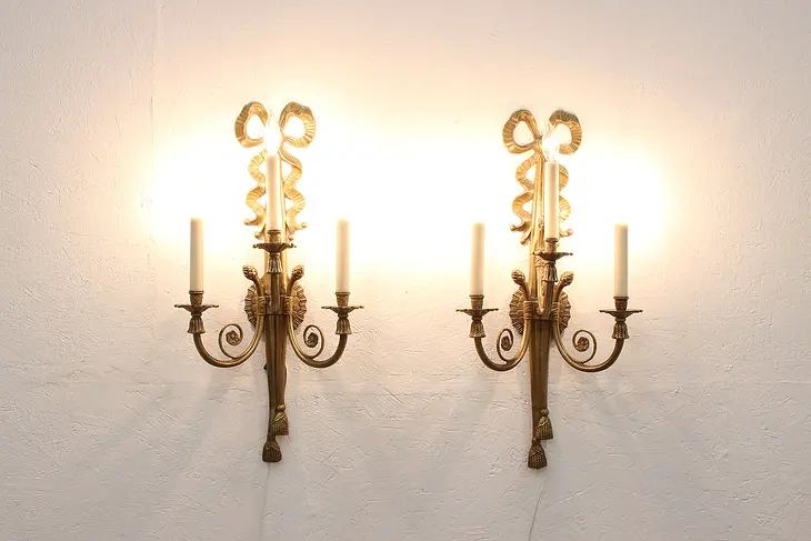 Pair of Ornate Brass Triple Wall Sconces, Tassel & Pine Cone Motifs #43366