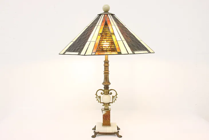 Art Deco Antique Stained Glass Office or Library Lamp, Onyx Base #42656