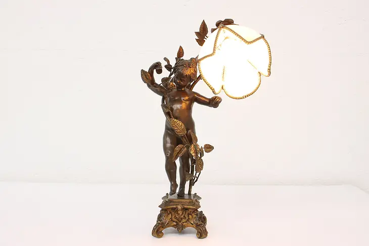 Art Nouveau Antique Bronze Young Girl & Flower Lamp, Goldscheider #43339