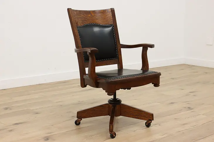 Arts & Crafts Antique Oak Swivel & Adjustable Leather Office Chair #43043