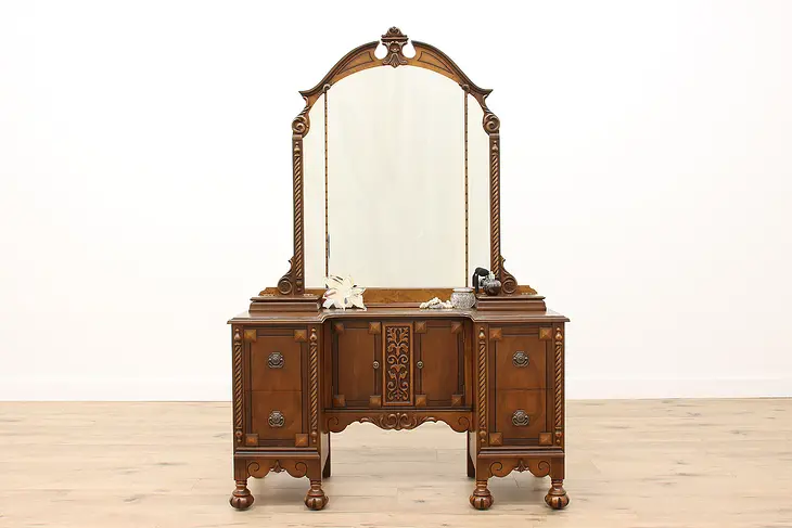 Tudor Design Antique Carved Walnut Vanity or Dressing Table & Mirror #43110