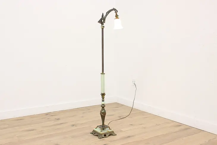 Art Deco Antique Floor Reading or Bridge Lamp, Stained Glass Base #43253