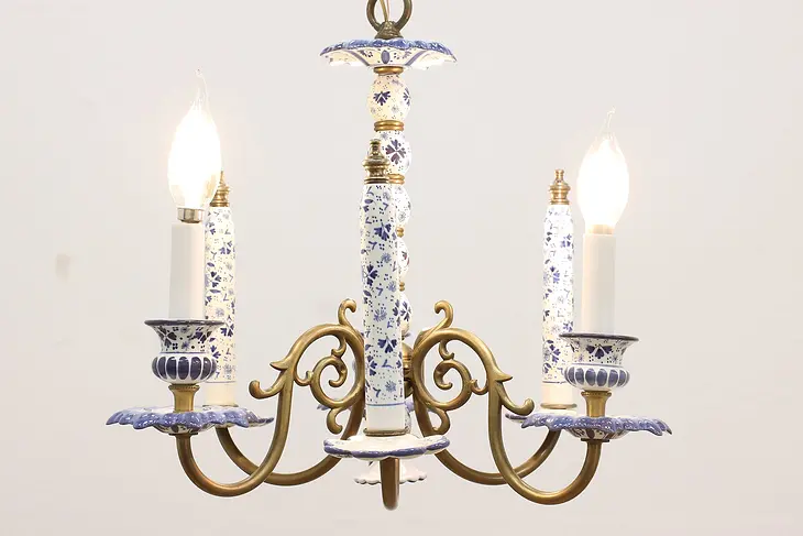 Traditional Vintage Dutch Blue Delft China & Brass Chandelier #42109